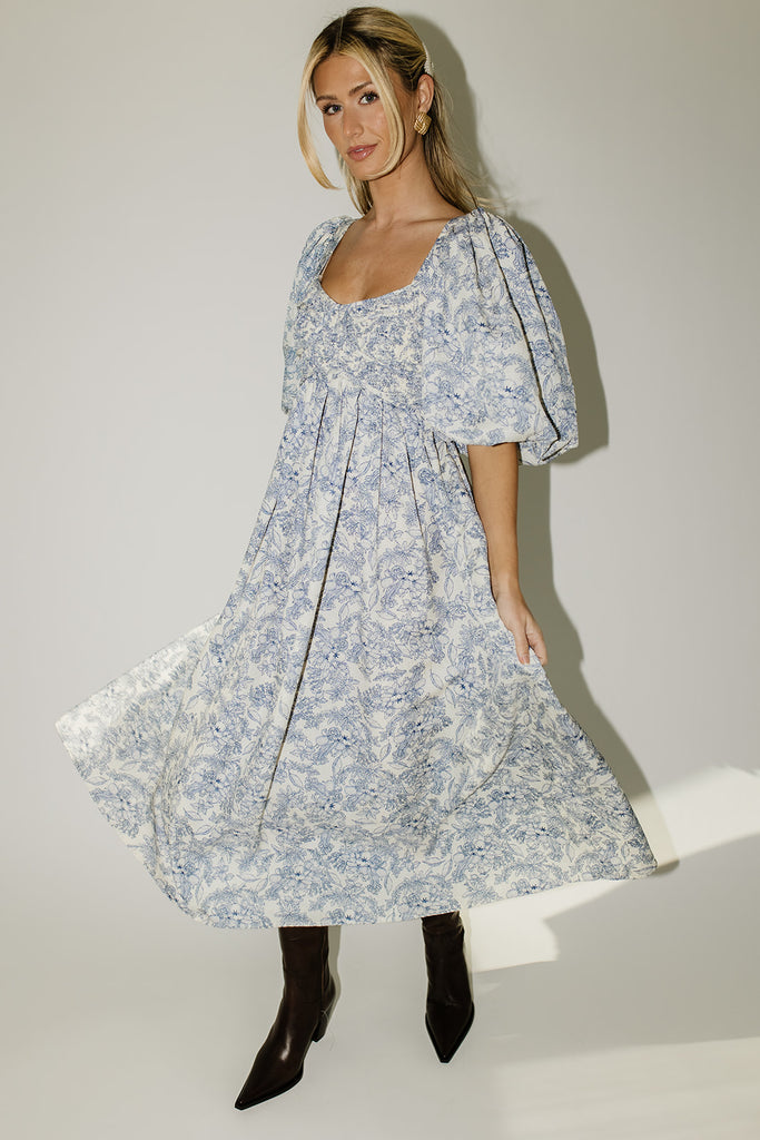gala midi dress // blue fruit floral *zoco exclusive*