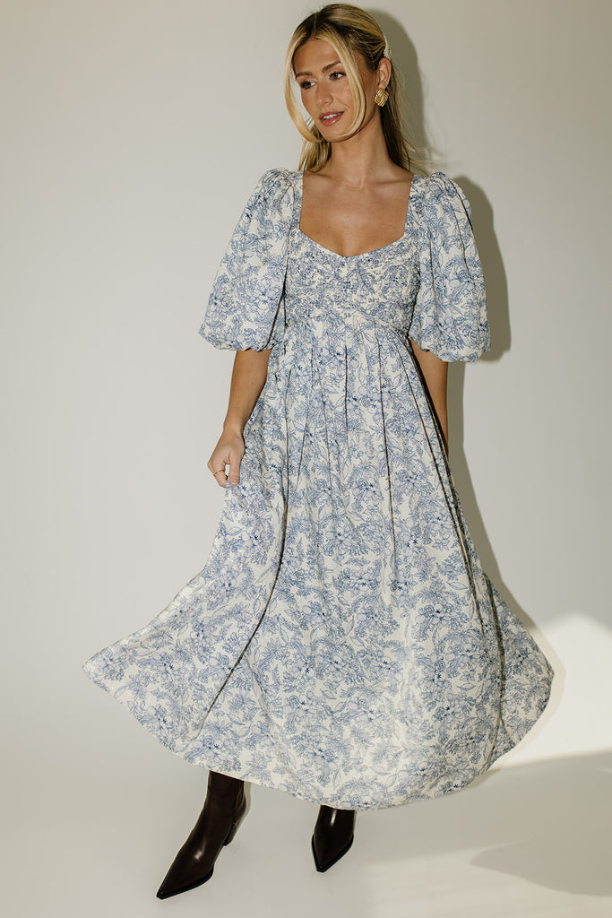 gala midi dress // blue fruit floral *zoco exclusive*