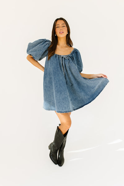 denim puff sleeve dress V-Neck Imported Product measurements Puff Sleeve Denim Midi Dress