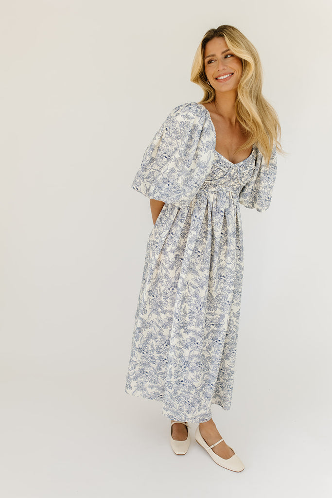 gala midi dress // blue fruit floral *zoco exclusive*