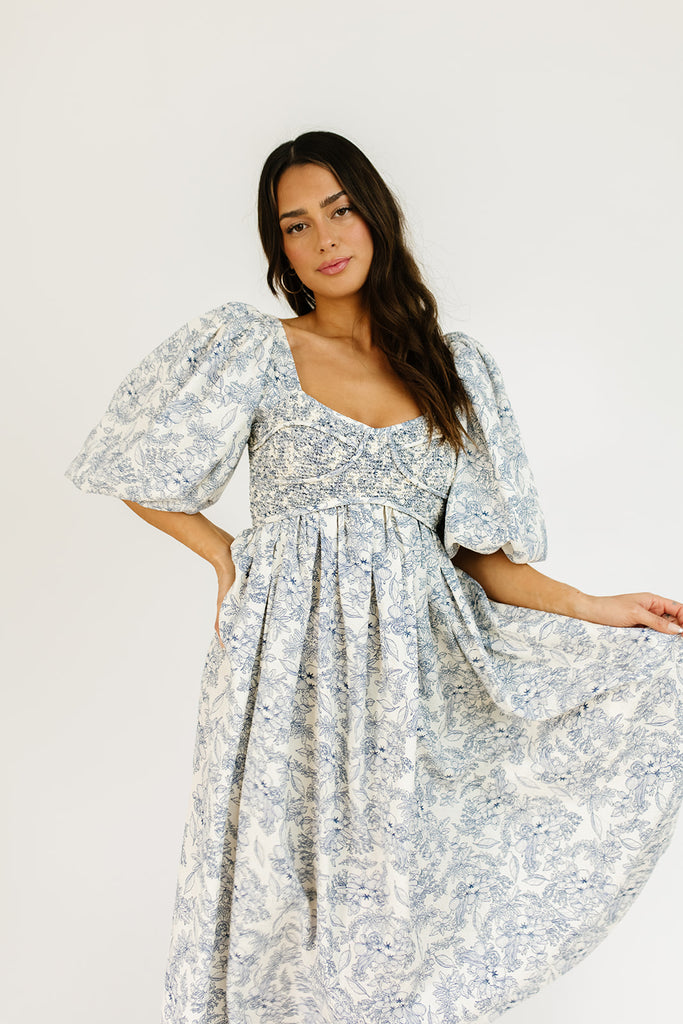 gala midi dress // blue fruit floral *zoco exclusive*
