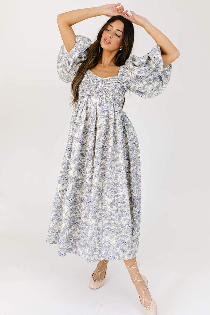 gala midi dress // blue fruit floral *zoco exclusive*