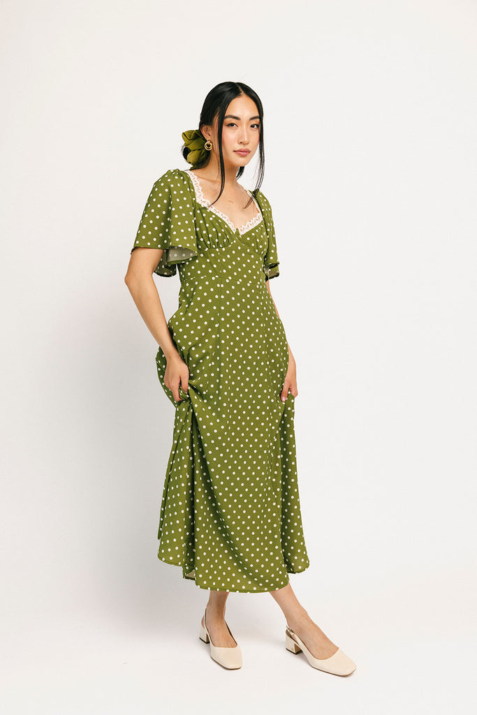please hold polka dot dress // green