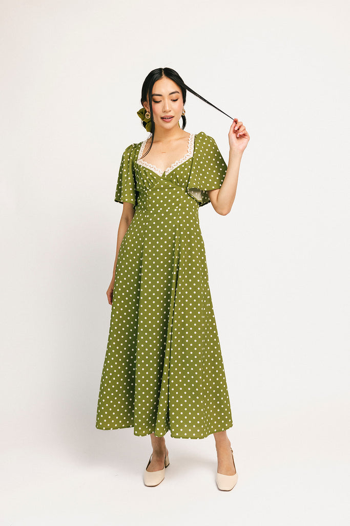 please hold polka dot dress // green