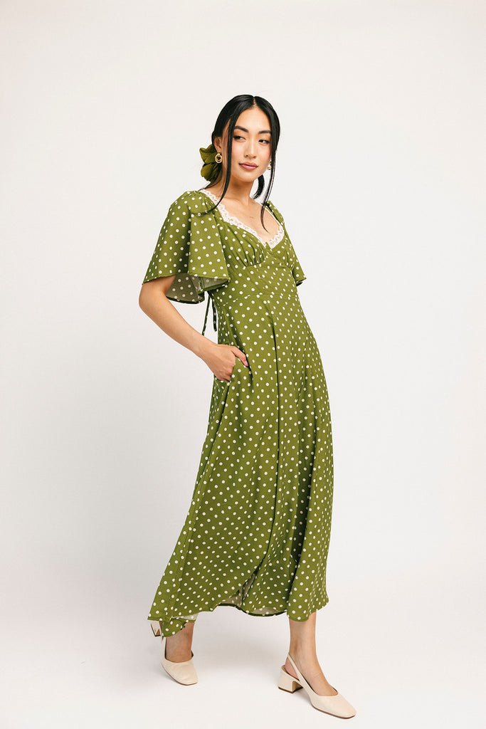 please hold polka dot dress // green
