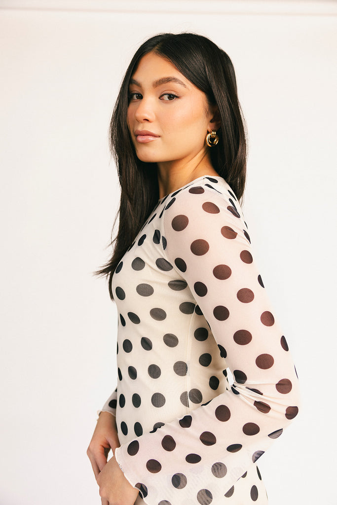 long sleeve polka dot maxi dress. perfect for date nights, cocktail parties, + fancy dinners.