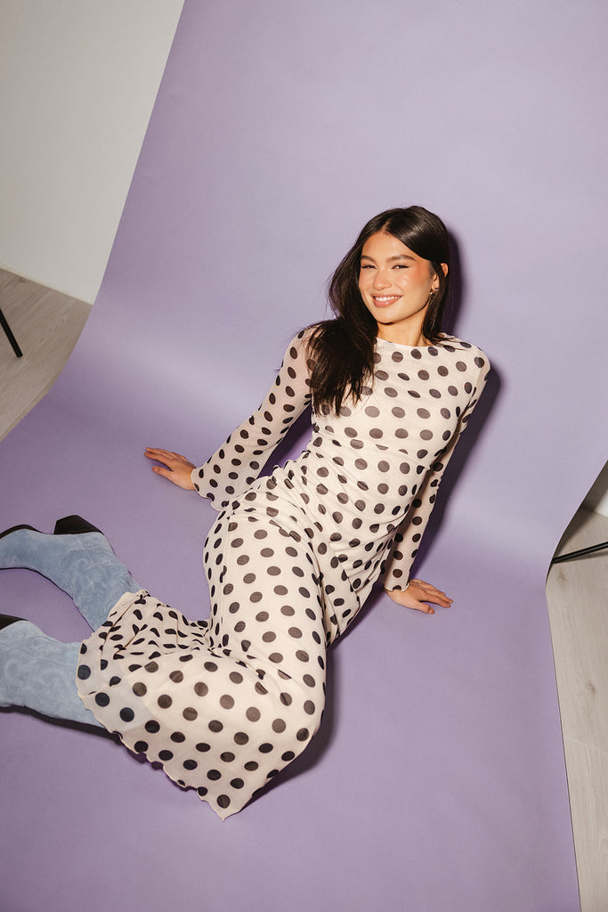 long sleeve polka dot maxi dress. perfect for date nights, cocktail parties, + fancy dinners.