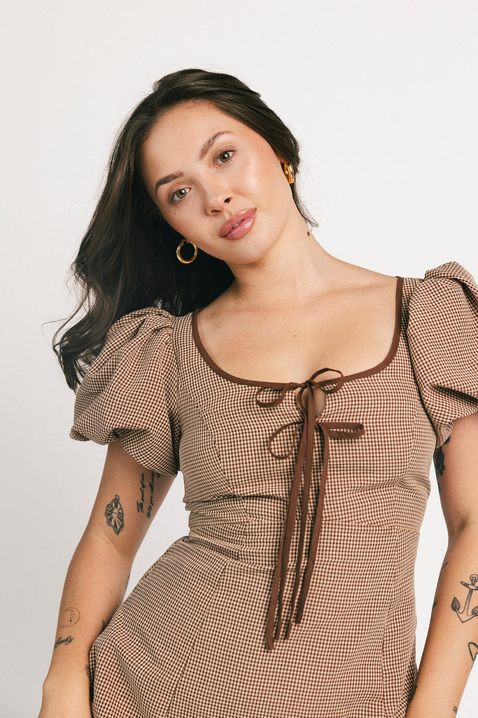 rory midi dress // brown gingham