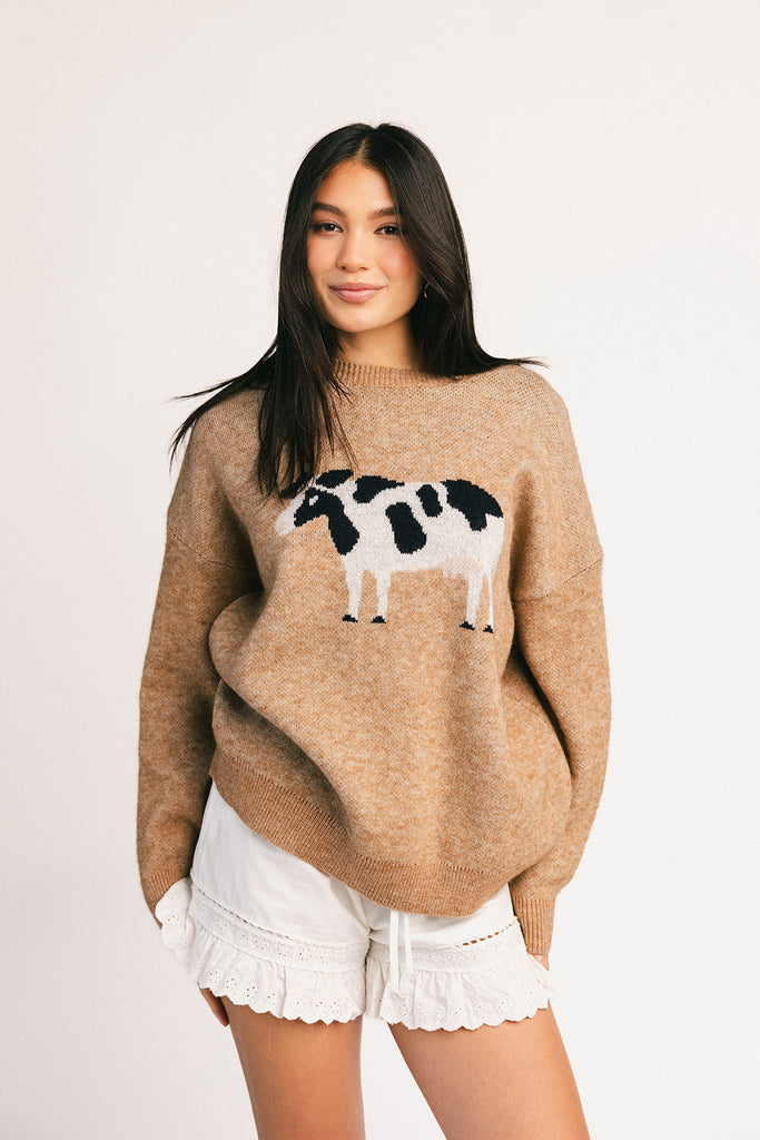 crewneck cow sweater with a relaxed fit. the perfect neutral cow detail sweater for spring outfits and lightweight layering.