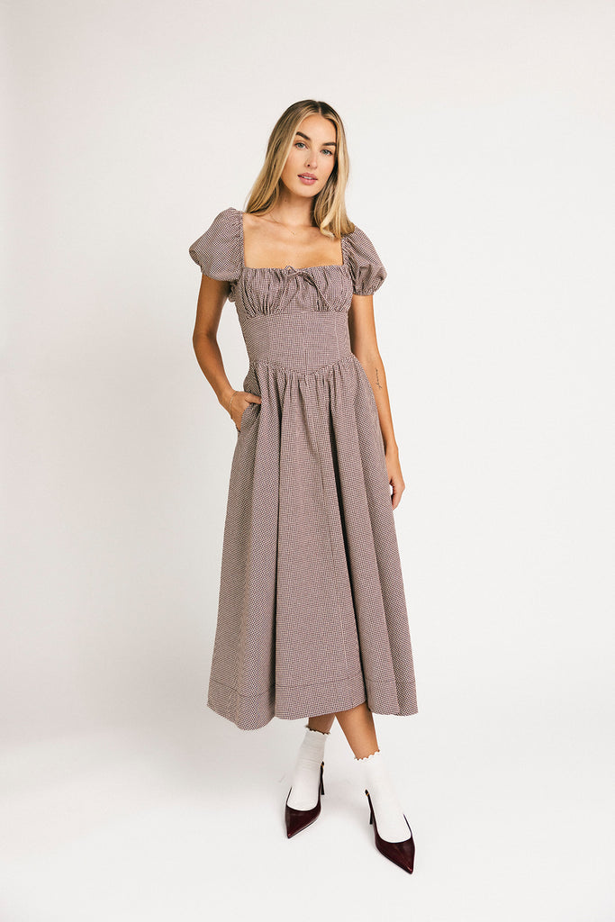 nora midi dress // brown gingham *zoco exclusive*