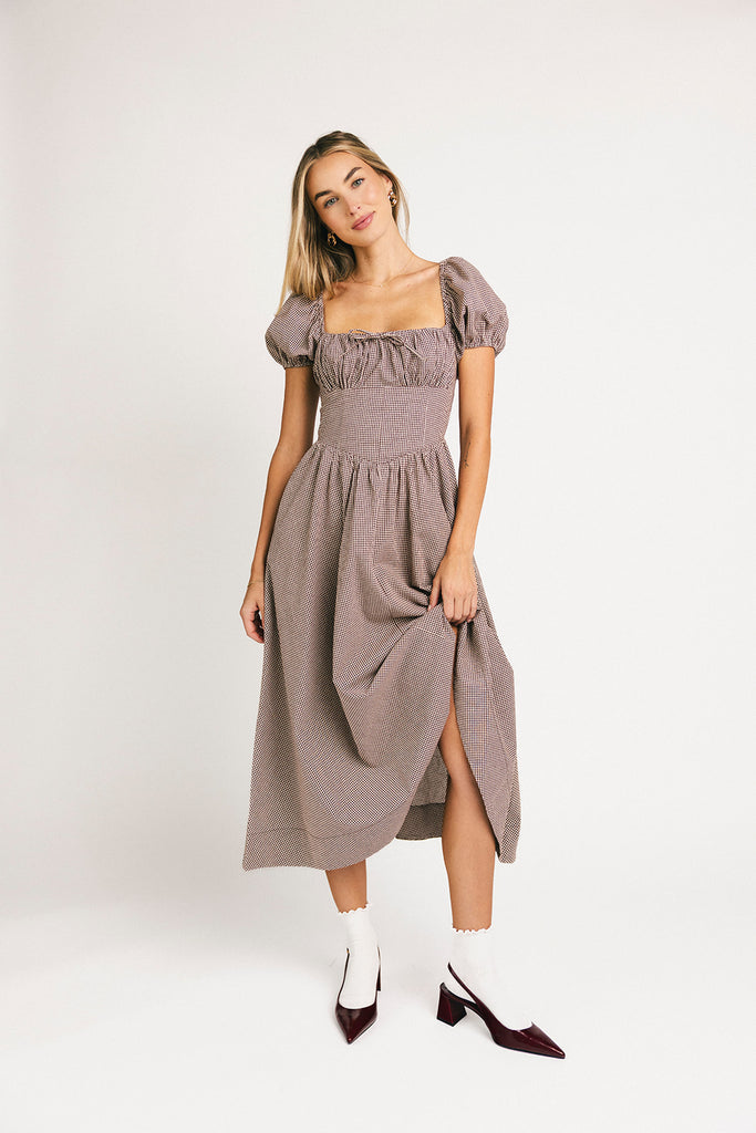 nora midi dress // brown gingham *zoco exclusive*
