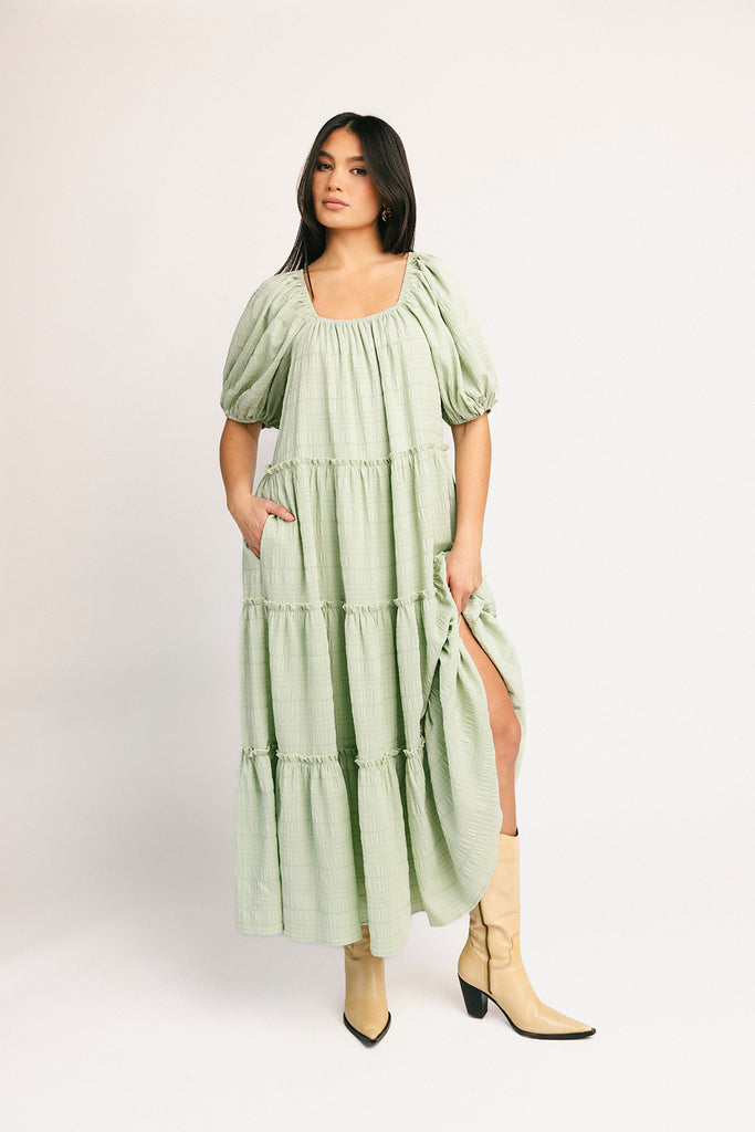 zoco daymaker dress: puff sleeve mint maxi dress with an elastic neckline. perfect for weddings, baby showers, + family pictures.