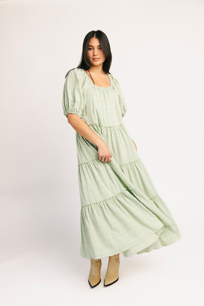 zoco daymaker dress: puff sleeve mint maxi dress with an elastic neckline. perfect for weddings, baby showers, + family pictures.