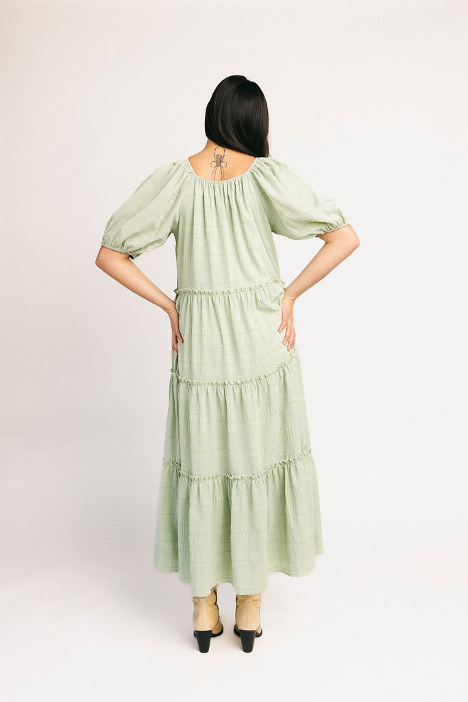 zoco daymaker dress: puff sleeve mint maxi dress with an elastic neckline. perfect for weddings, baby showers, + family pictures.