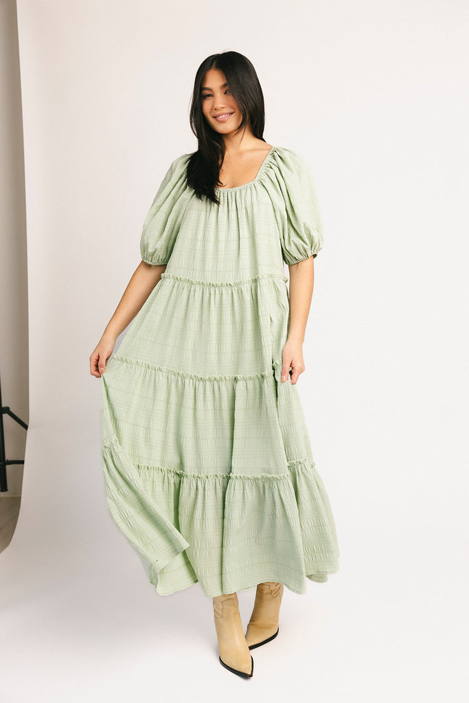 zoco daymaker dress: puff sleeve mint maxi dress with an elastic neckline. perfect for weddings, baby showers, + family pictures.