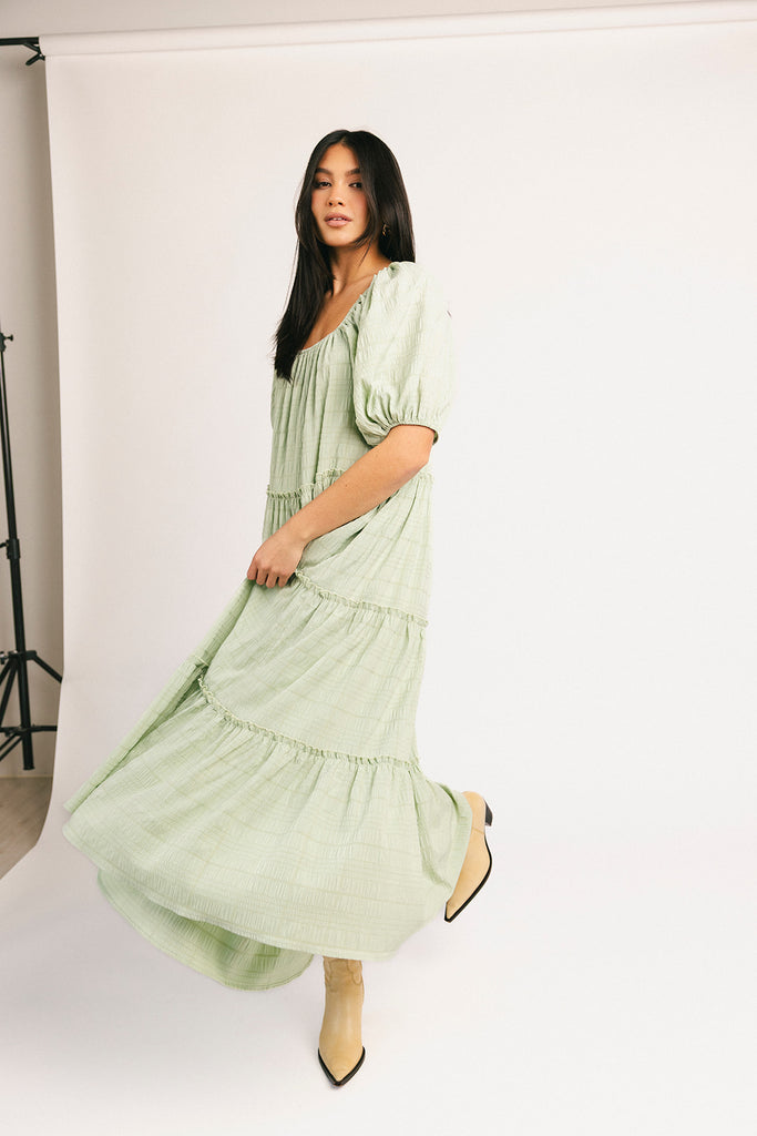 zoco daymaker dress: puff sleeve mint maxi dress with an elastic neckline. perfect for weddings, baby showers, + family pictures.