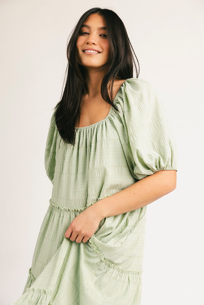 zoco daymaker dress: puff sleeve mint maxi dress with an elastic neckline. perfect for weddings, baby showers, + family pictures.