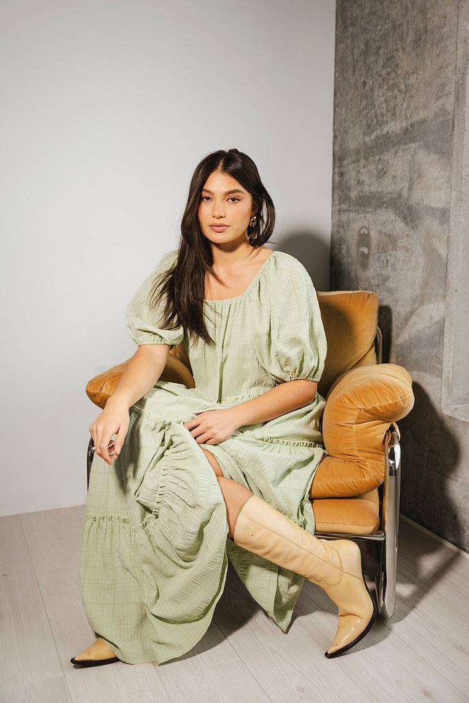 zoco daymaker dress: puff sleeve mint maxi dress with an elastic neckline. perfect for weddings, baby showers, + family pictures.