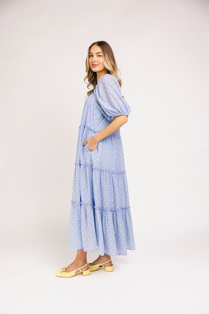zoco daymaker dress: puff sleeve polka dot dress with an elastic neckline. the perfect blue and yellow polka dot dress for weddings, baby showers, + family pictures.