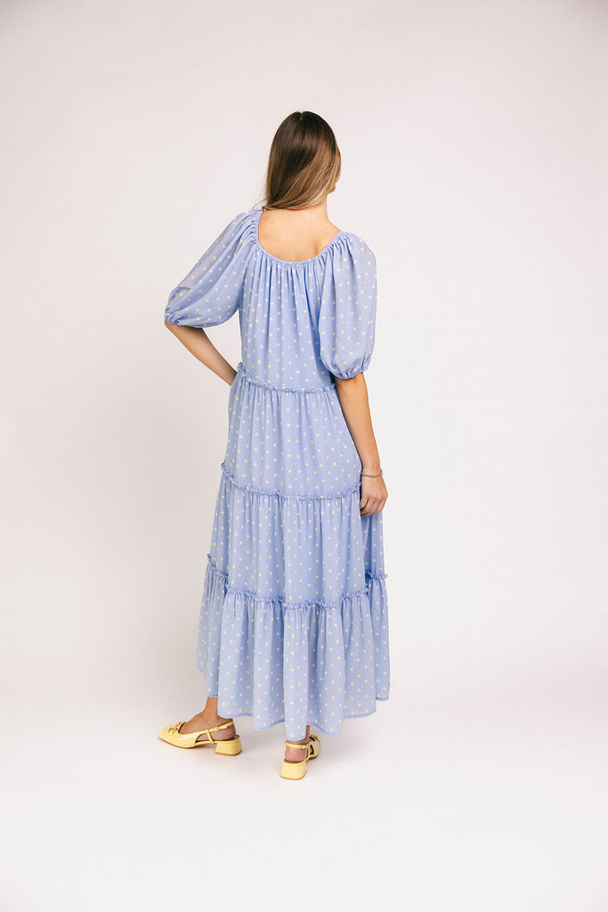 zoco daymaker dress: puff sleeve polka dot dress with an elastic neckline. the perfect blue and yellow polka dot dress for weddings, baby showers, + family pictures.