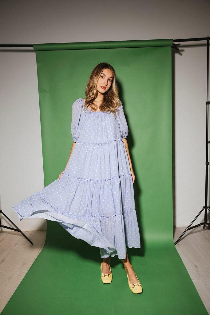 zoco daymaker dress: puff sleeve polka dot dress with an elastic neckline. the perfect blue and yellow polka dot dress for weddings, baby showers, + family pictures.