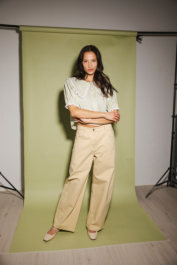 a vintage-inspired puff sleeve top with a pastel green pinstripe pattern + an oversized lace trim collar. the perfect elevated button up top for the office, dressy date nights, + everyday wear.