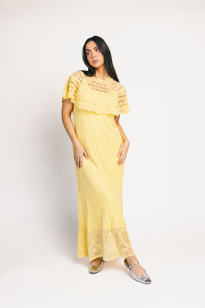 butter yellow crochet maxi dress with a chic cape overlay. the perfect spring + summer dress for weddings, bridal showers, + garden parties.