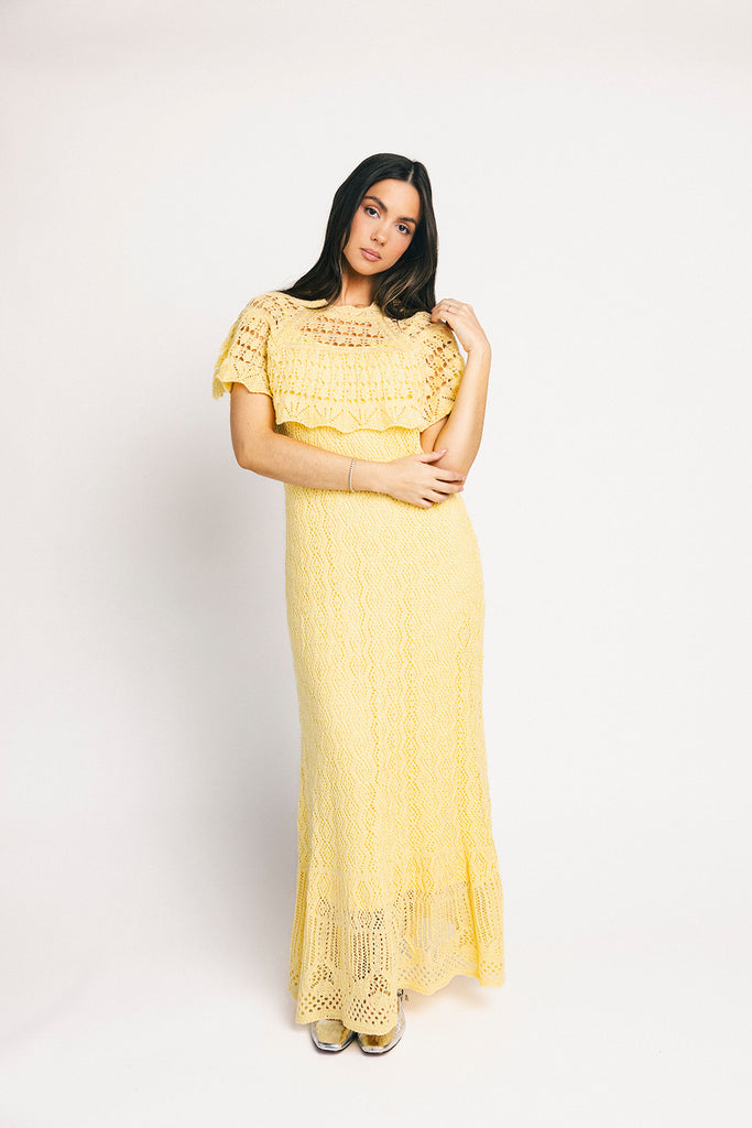 butter yellow crochet maxi dress with a chic cape overlay. the perfect spring + summer dress for weddings, bridal showers, + garden parties.