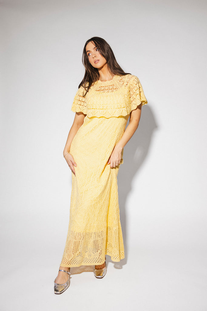 butter yellow crochet maxi dress with a chic cape overlay. the perfect spring + summer dress for weddings, bridal showers, + garden parties.