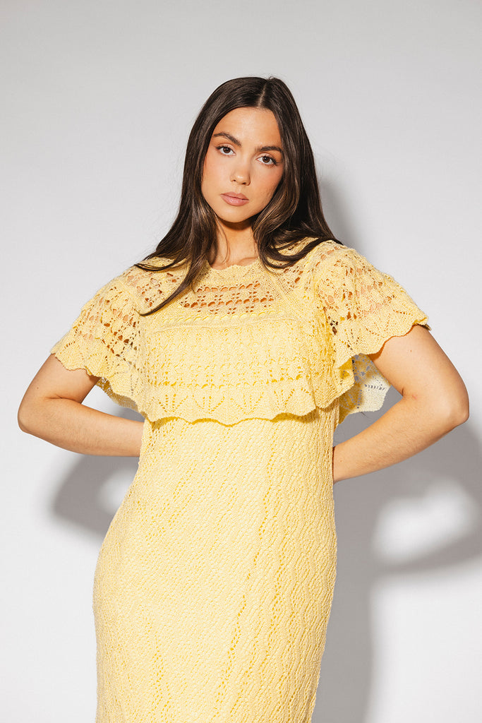 butter yellow crochet maxi dress with a chic cape overlay. the perfect spring + summer dress for weddings, bridal showers, + garden parties.