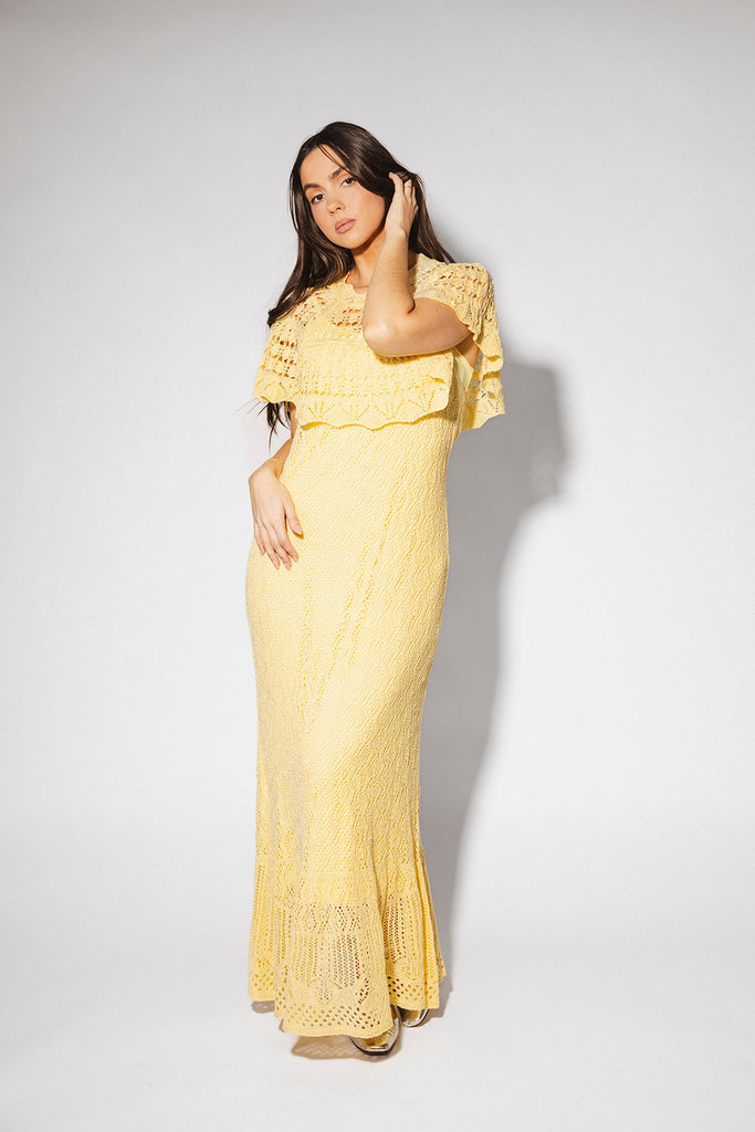 butter yellow crochet maxi dress with a chic cape overlay. the perfect spring + summer dress for weddings, bridal showers, + garden parties.