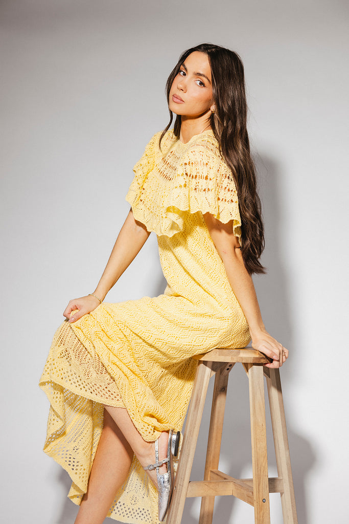 butter yellow crochet maxi dress with a chic cape overlay. the perfect spring + summer dress for weddings, bridal showers, + garden parties.