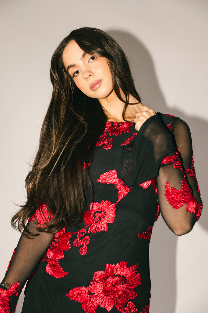 cleo mesh mini dress // red floral *zoco exclusive*