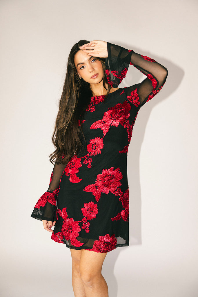 cleo mesh mini dress // red floral *zoco exclusive*