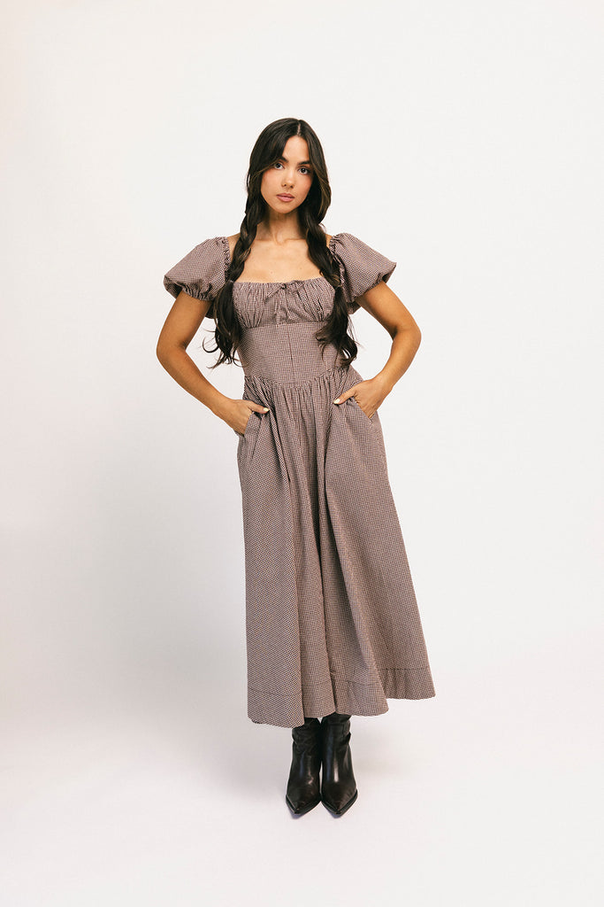 nora midi dress // brown gingham *zoco exclusive*