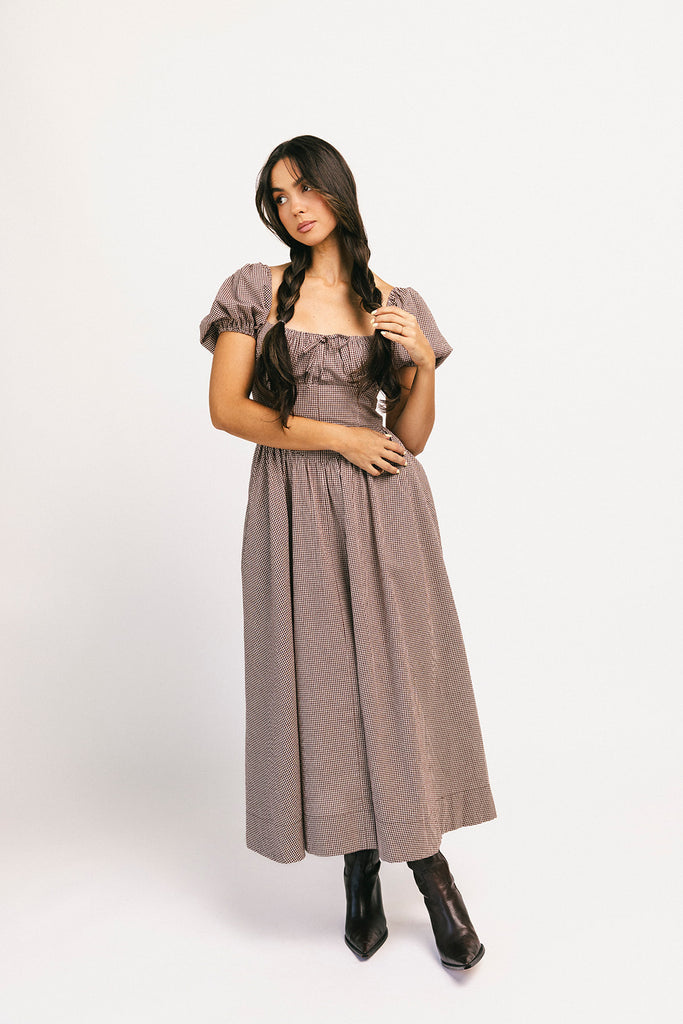 nora midi dress // brown gingham *zoco exclusive*