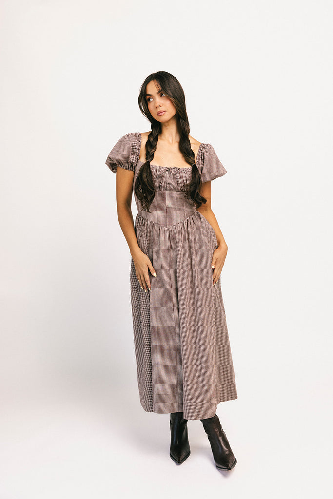 nora midi dress // brown gingham *zoco exclusive*