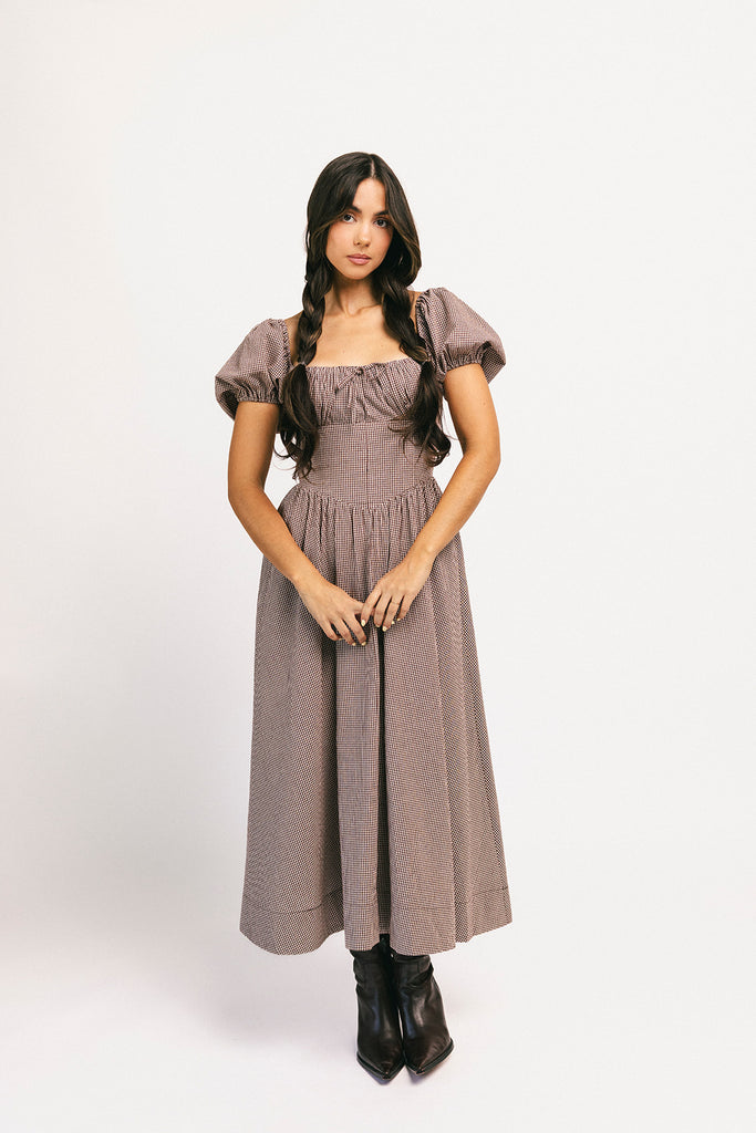 nora midi dress // brown gingham *zoco exclusive*