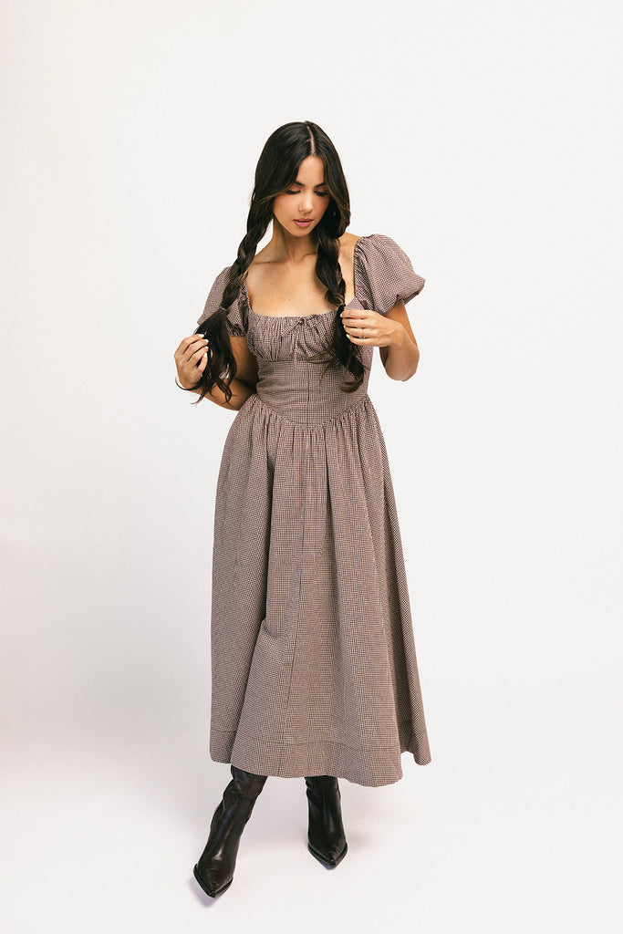 nora midi dress // brown gingham *zoco exclusive*