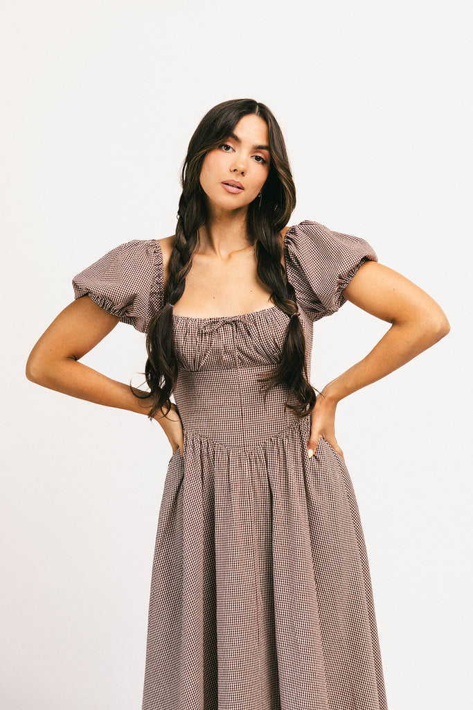 nora midi dress // brown gingham *zoco exclusive*