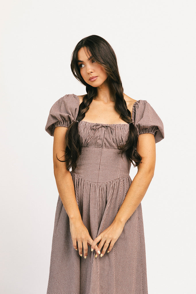 nora midi dress // brown gingham *zoco exclusive*