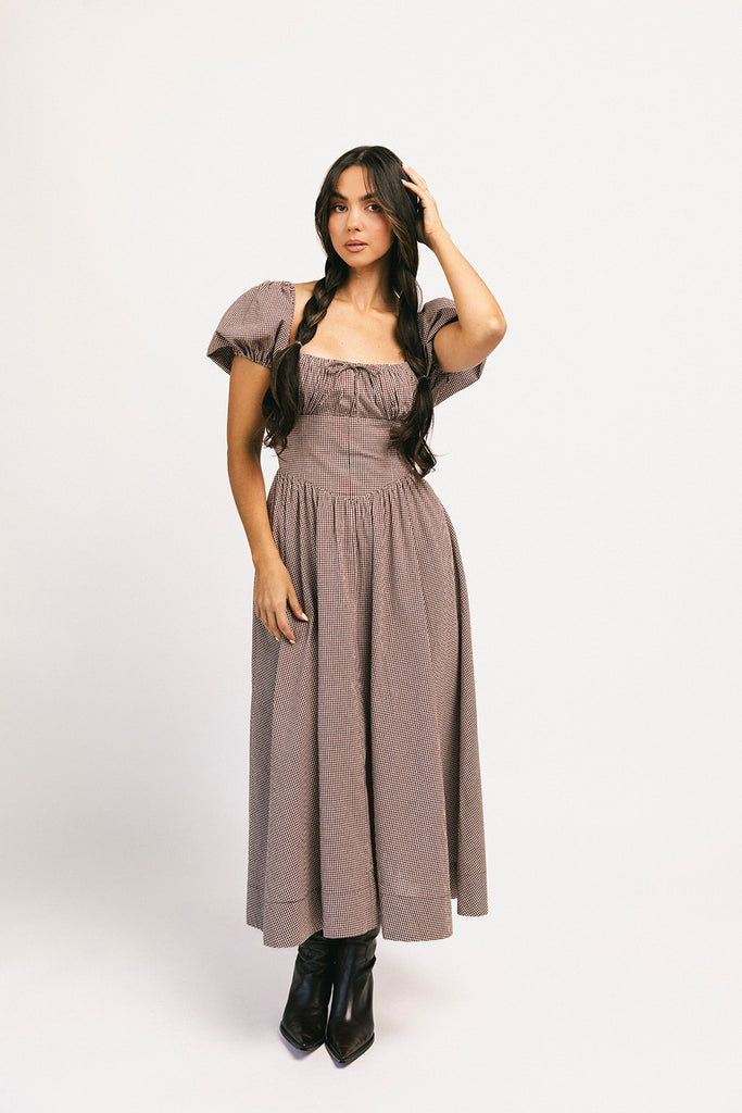 nora midi dress // brown gingham *zoco exclusive*