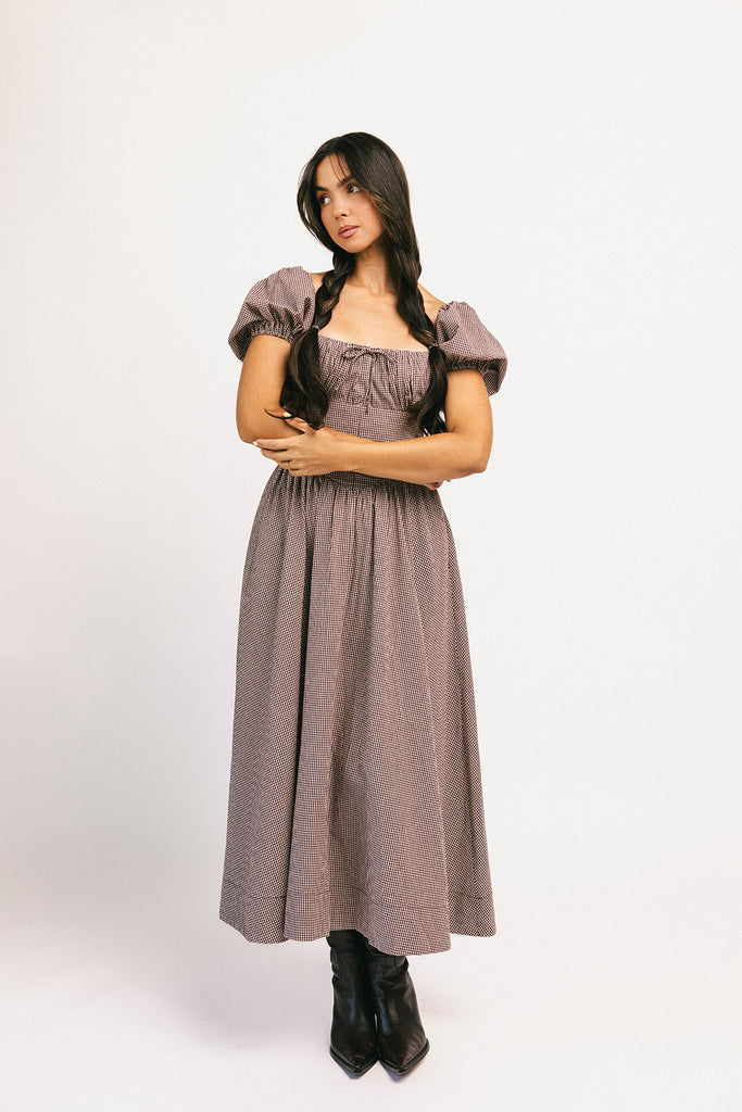 nora midi dress // brown gingham *zoco exclusive*