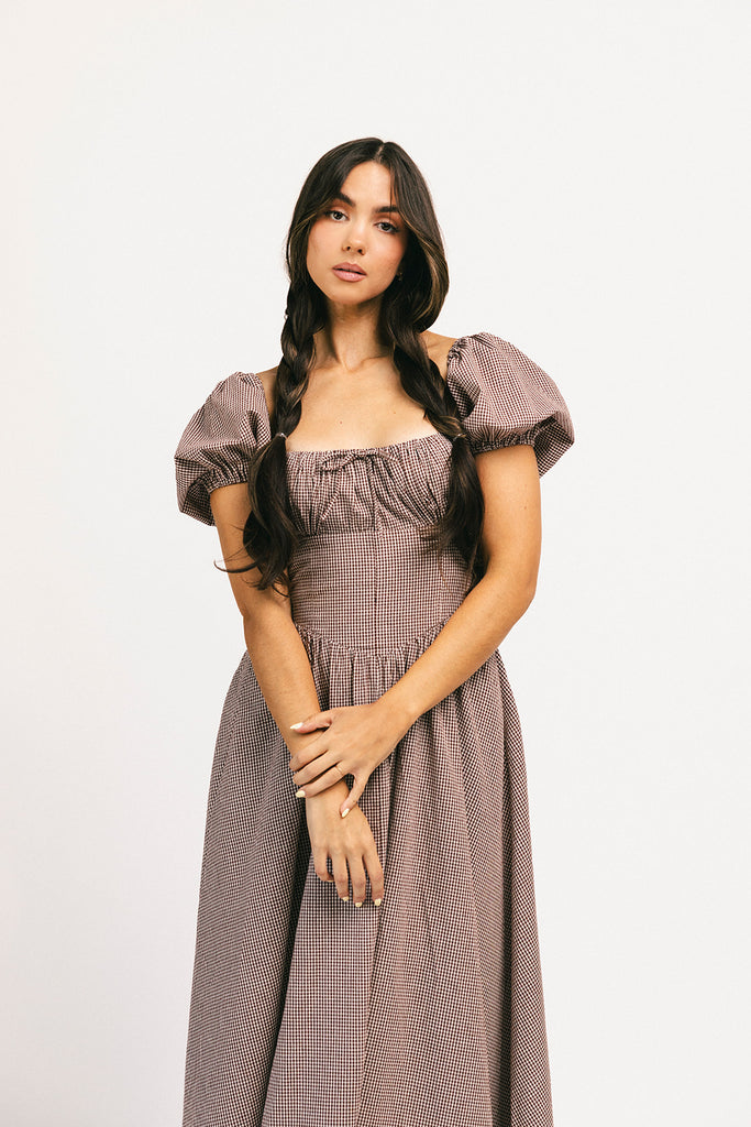 nora midi dress // brown gingham *zoco exclusive*