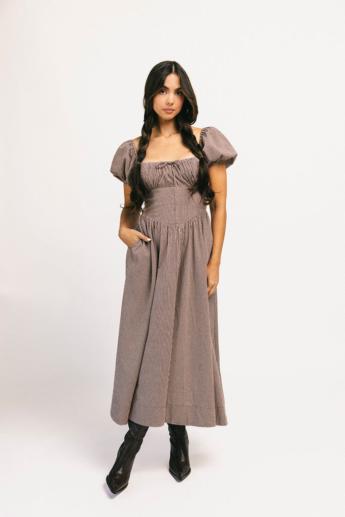 nora midi dress // brown gingham *zoco exclusive*