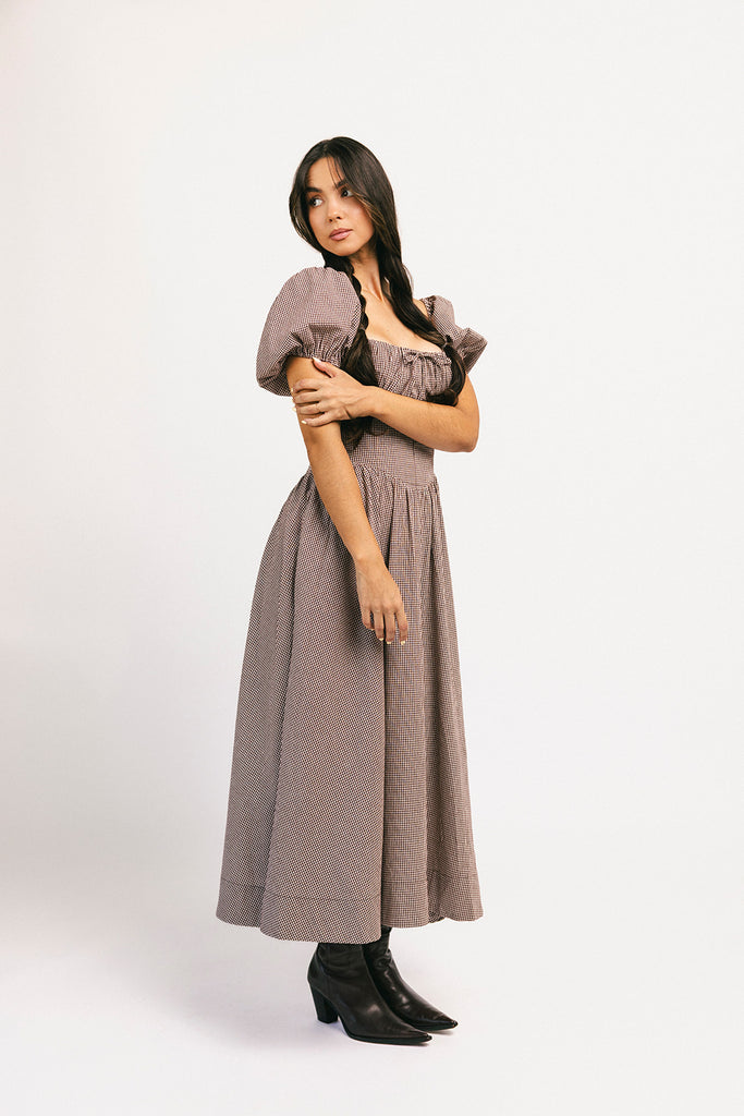 nora midi dress // brown gingham *zoco exclusive*