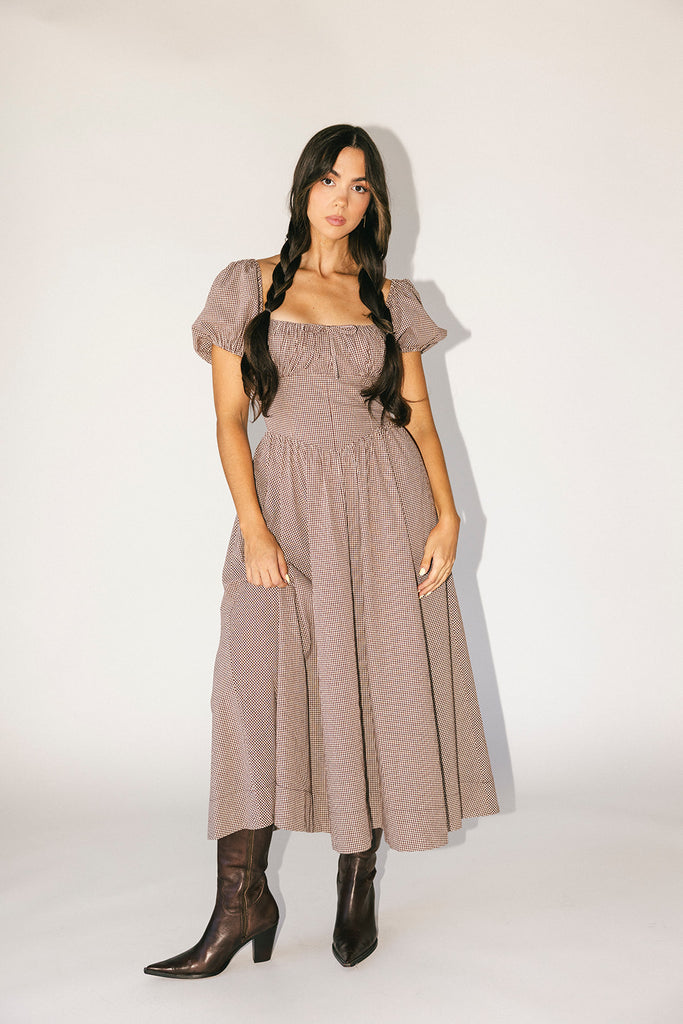 nora midi dress // brown gingham *zoco exclusive*
