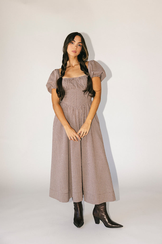 nora midi dress // brown gingham *zoco exclusive*