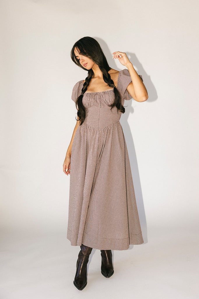 nora midi dress // brown gingham *zoco exclusive*
