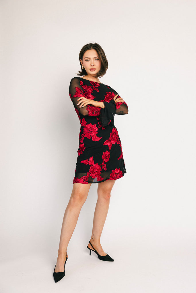 cleo mesh mini dress // red floral *zoco exclusive*